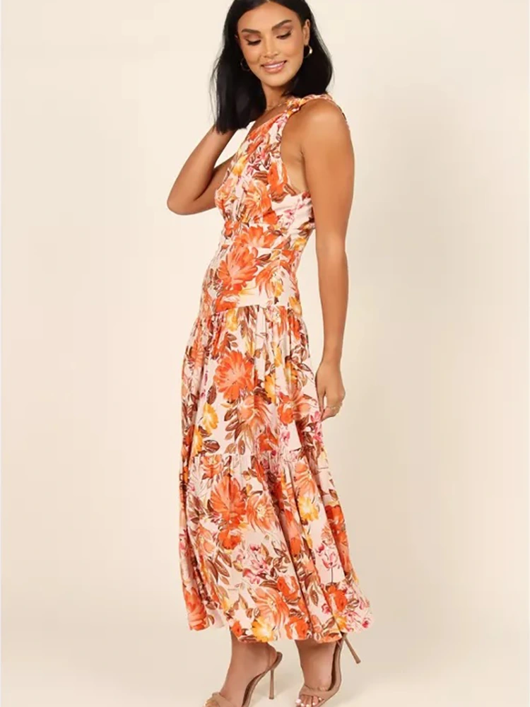Floral Print One-Shoulder Long Dress