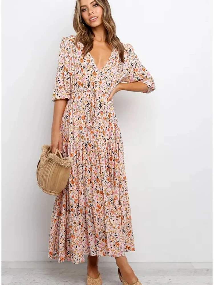 Summer Printed V-Neck Long Dress