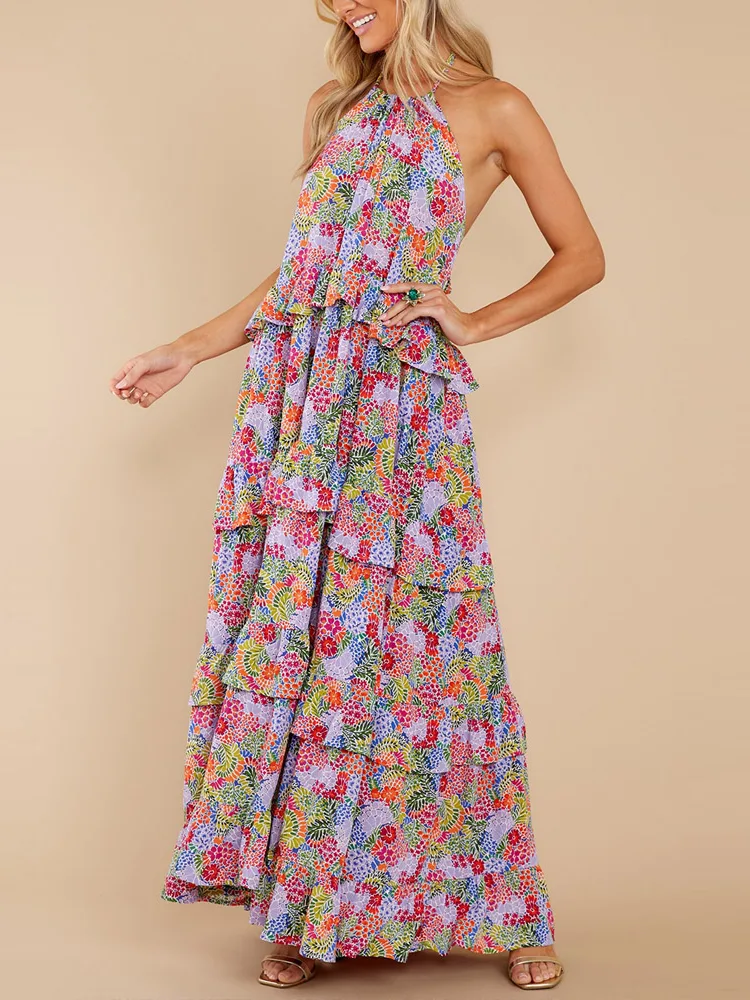 Kvinder elegant blomsterprint bomuld maxi kjole
